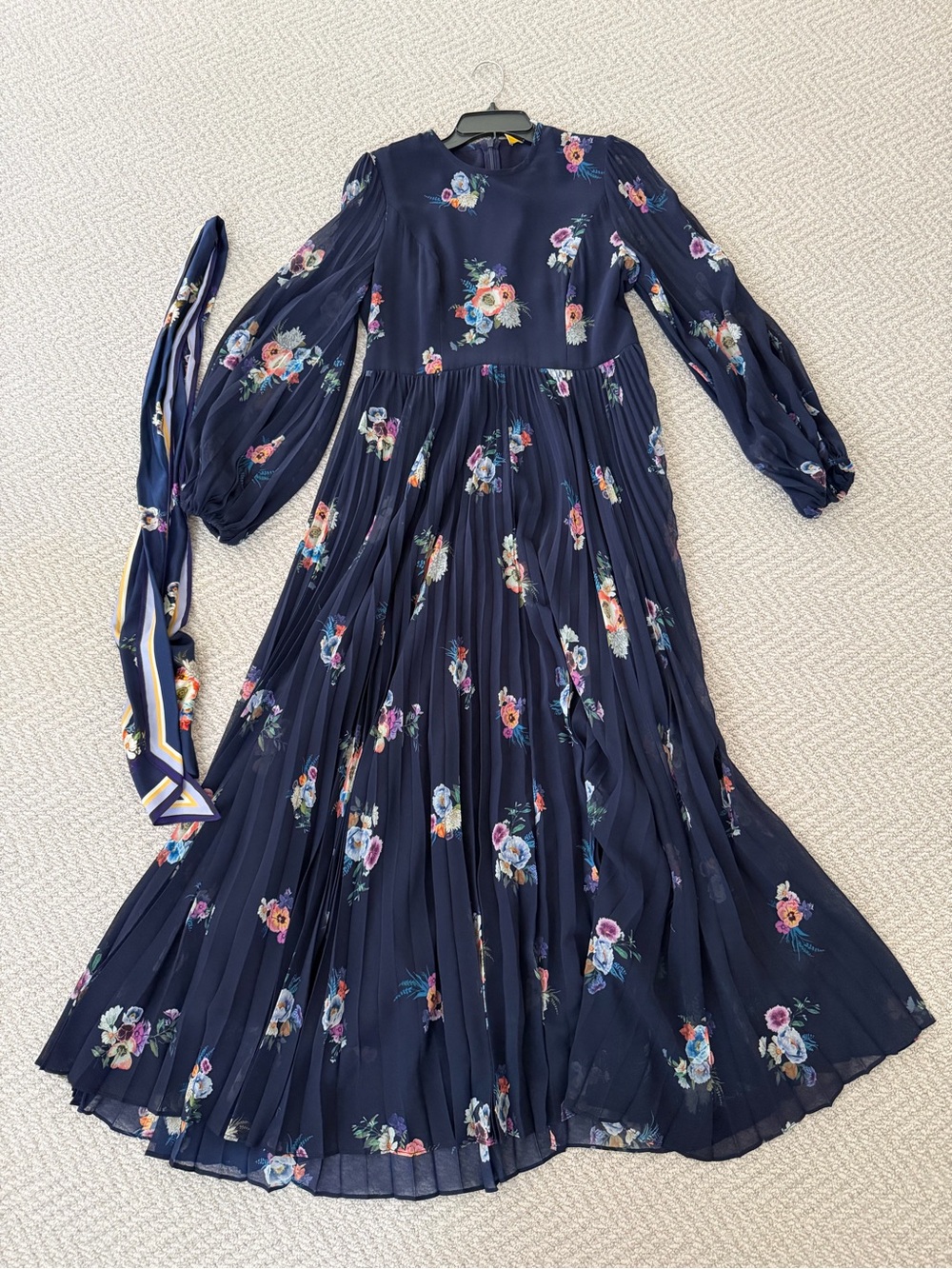 Zimmermann Navy Floral Pleated Maxi Dress with Long Sleeves